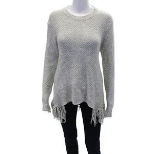 Thakoon Addition Womens Wool Fringe Detail Crew Neck Sweater Top Gray Size S